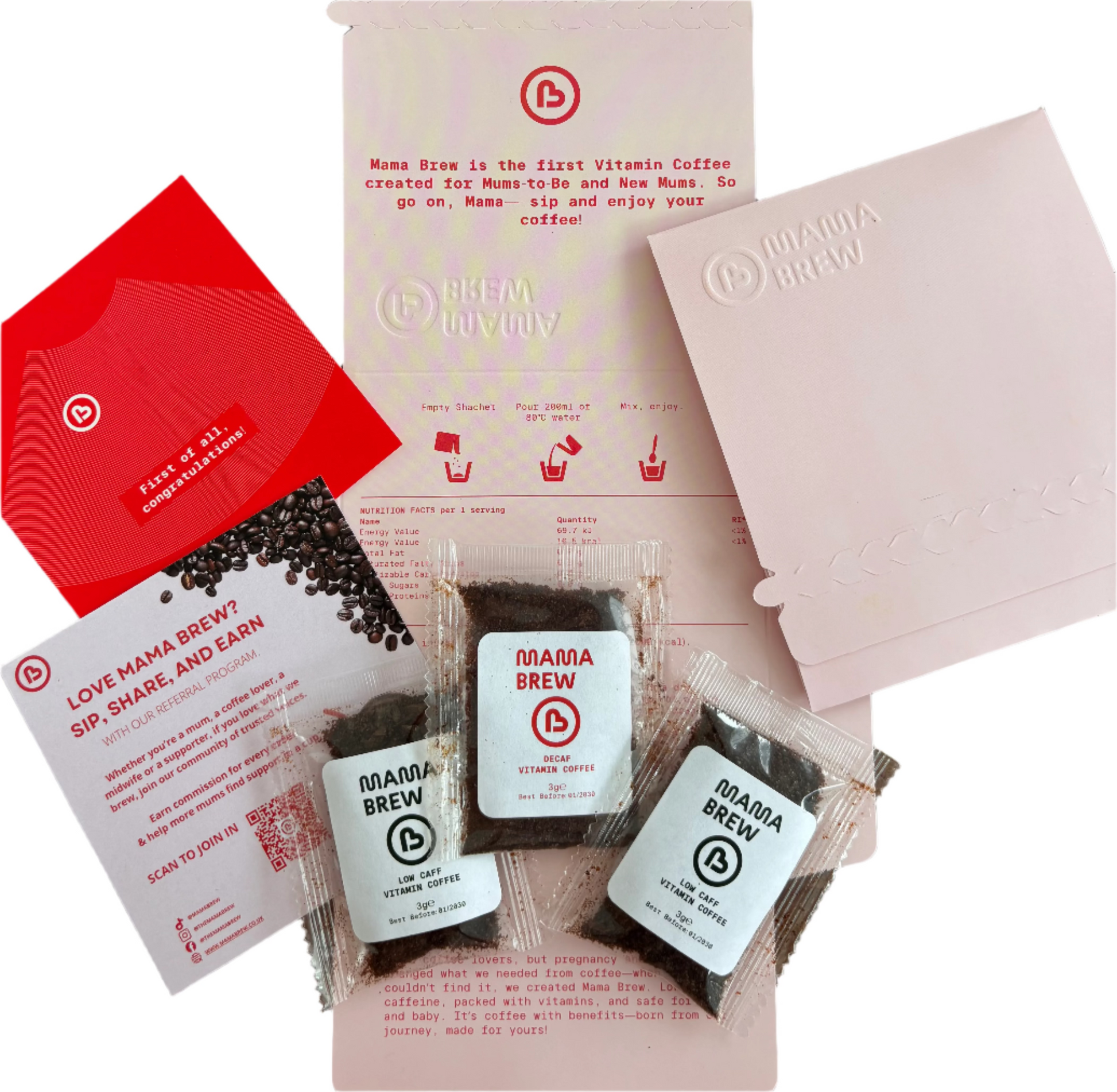 Mama Brew coffee sample including coffee, packets, and promotional materials on a wooden surface.
