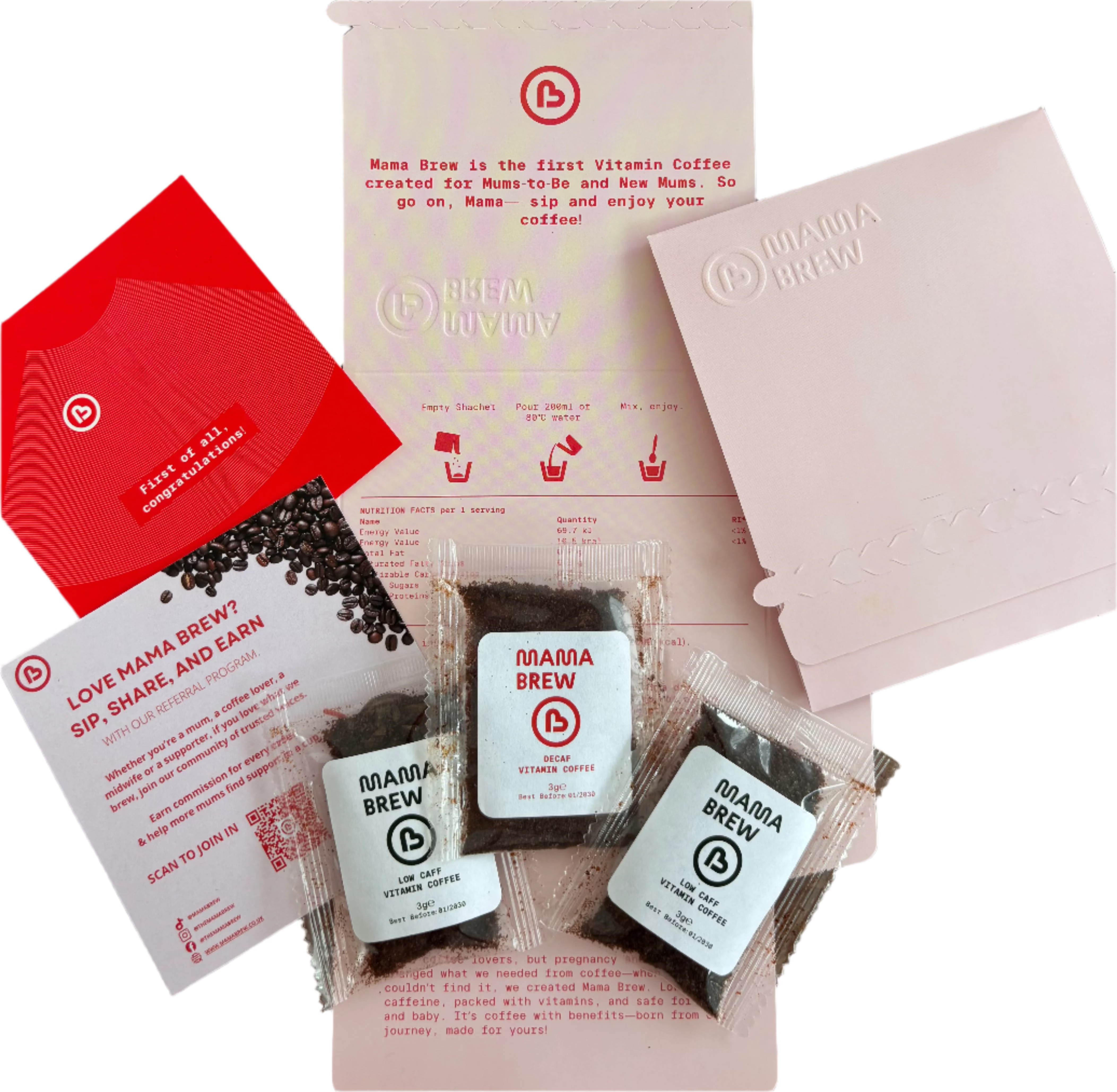 Mama Brew coffee sample including coffee, packets, and promotional materials on a wooden surface.