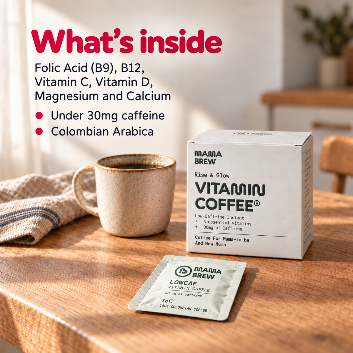 Mama Brew Low Caff coffee for pregnancy and breastfeeding, 30mg caffeine