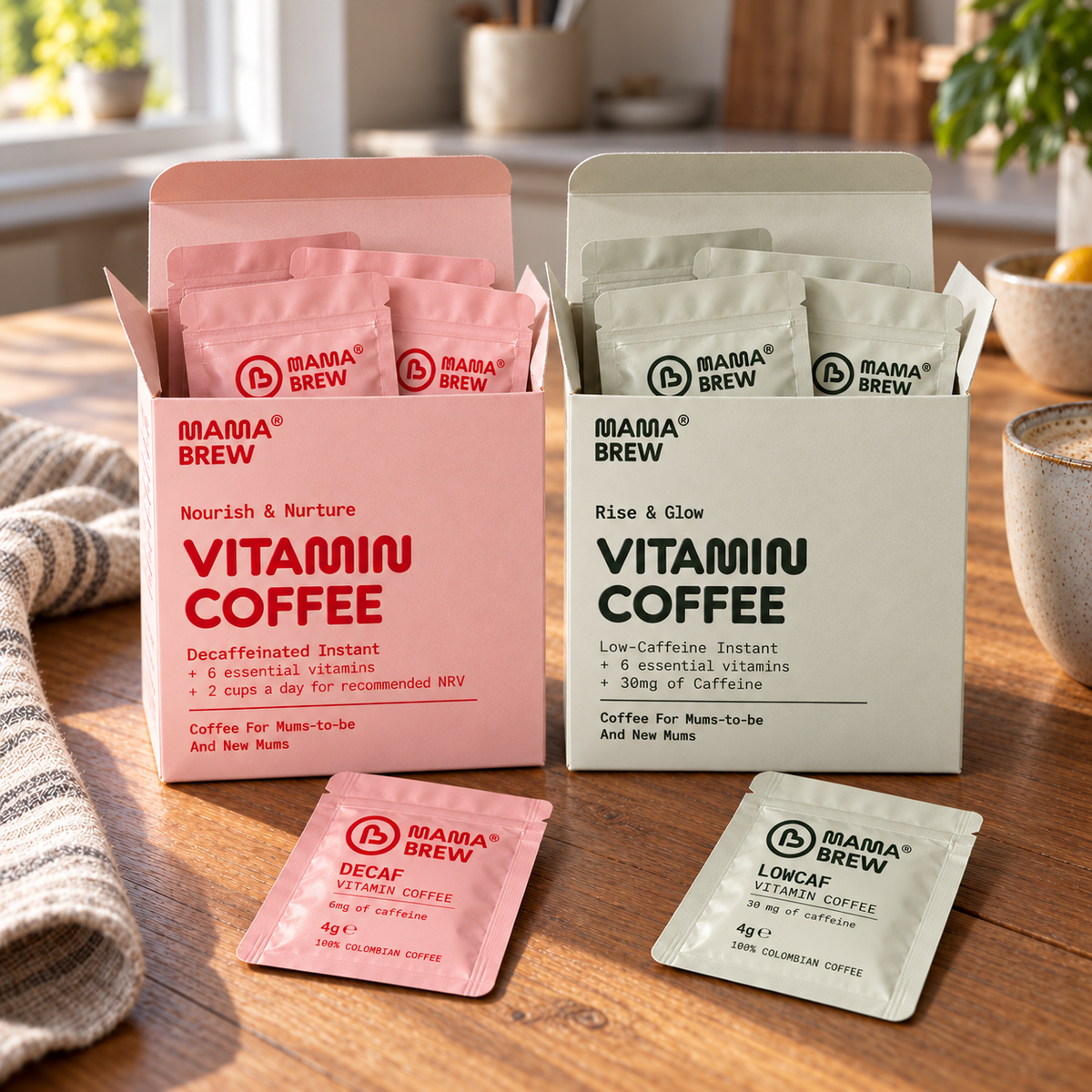 Mama Brew Decaf and Lowcaf coffee for pregnancy and breastfeeding, under 6mg and 30mg caffeine