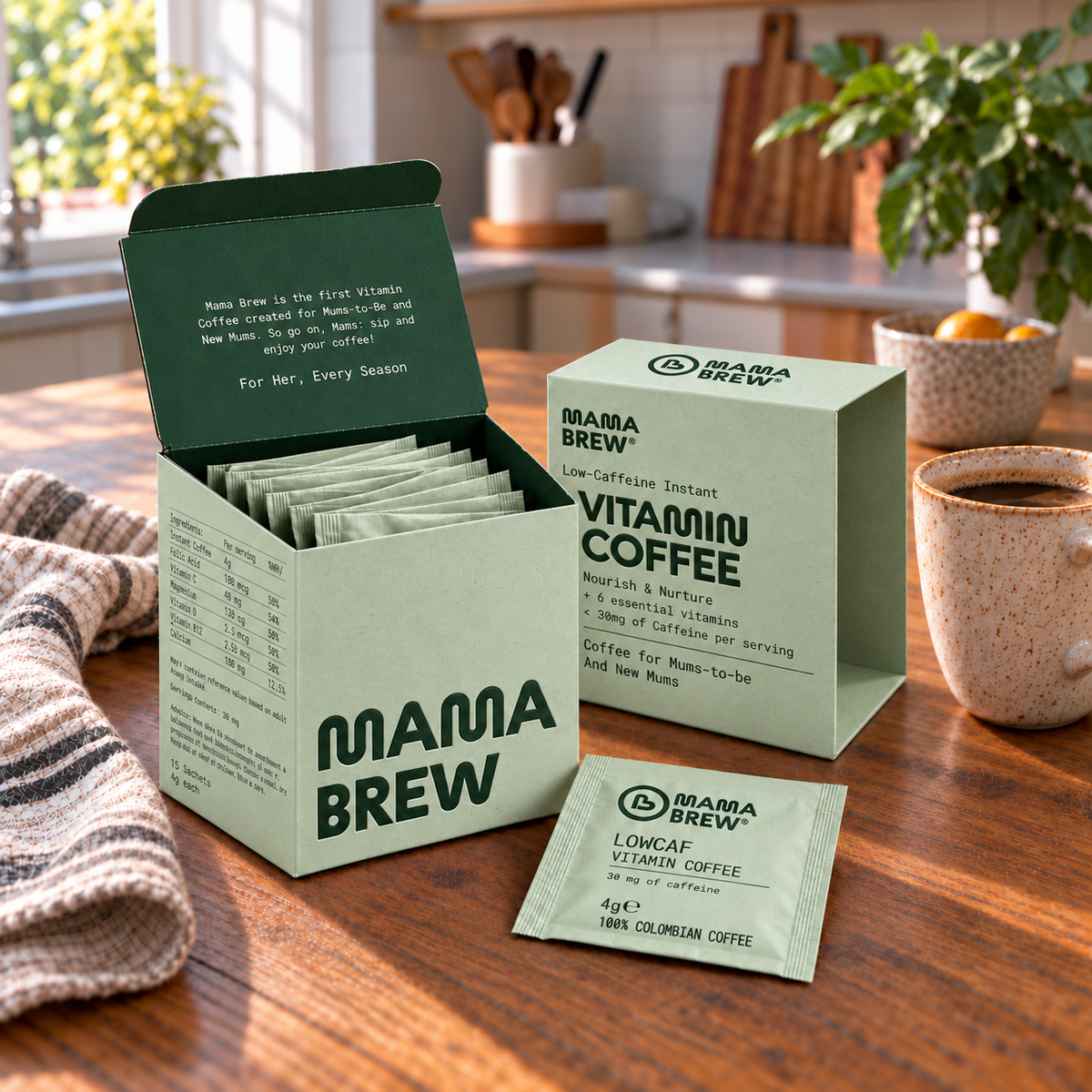 Mama Brew low caffeine coffee for pregnancy and breastfeeding, under 30mg caffeine